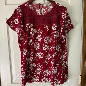 Agnes Orinda Size‎ 2X Red Blouse with Lace accent on round neckline